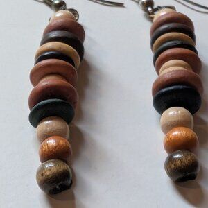 Vintage Silver Tone Brown Wooden Bead Tribal Ethnic Statement Earrings